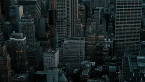 Dense cityscape with tall buildings at dusk. jigsaw puzzle