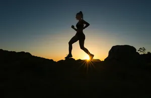 silhouette of man jumping on rocky mountain during sunset jigsaw puzzle