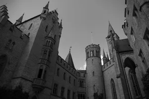 a black and white photo of a castle jigsaw puzzle