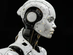 A white robot is standing in front of a black background jigsaw puzzle