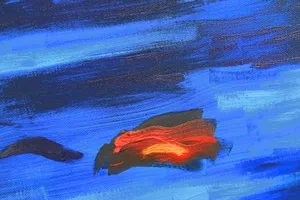 a painting of a red and black object on a blue background jigsaw puzzle