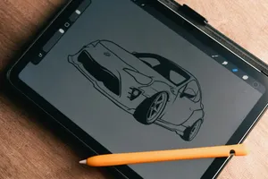Digital sketch of a sports car on a tablet jigsaw puzzle