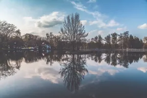 Serene landscape featuring a picturesque lake with clear reflections of trees and sky. jigsaw puzzle