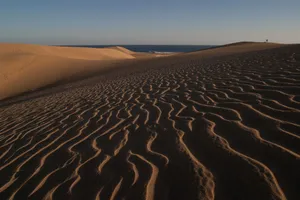 Scenic view of vast sand dunes leading to a tranquil sea under a clear sky. jigsaw puzzle