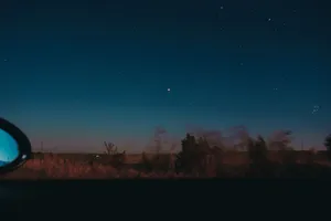 View through moving car window of horizon line with dark star sky and blurred trees jigsaw puzzle