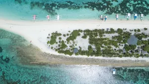 A breathtaking aerial shot of a pristine tropical island beach with clear waters in the Philippines. jigsaw puzzle