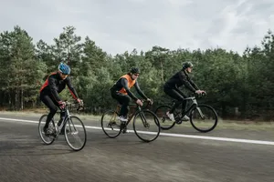 Three cyclists riding on an open road near a forest, showcasing sport and transportation. jigsaw puzzle