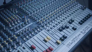 Detailed view of a professional audio mixer in a recording studio setting. jigsaw puzzle