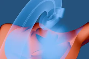 A vibrant abstract digital artwork featuring dynamic blue and orange curves, creating a sense of motion. jigsaw puzzle