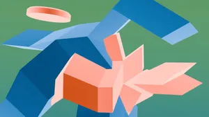 Colorful abstract shapes create a dynamic geometric illustration in blue and orange tones. jigsaw puzzle