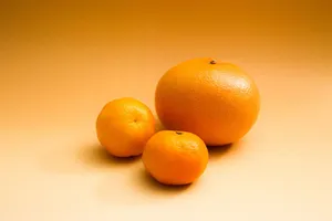 Three citrus fruits including an orange and grapefruit on a gradient orange background. jigsaw puzzle