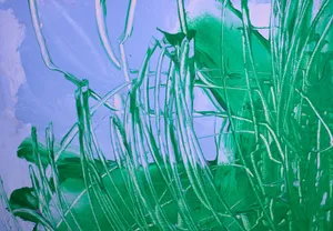 Dynamic abstract painting with intertwining green and blue strokes creating a vibrant modern artwork. jigsaw puzzle