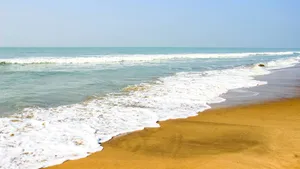 a sandy beach with waves coming in to shore jigsaw puzzle