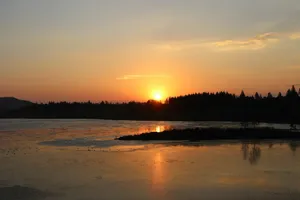 silhouette of trees near body of water during sunset jigsaw puzzle