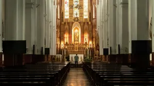a church with pews and stained glass windows jigsaw puzzle