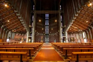 Interior of a modern church with wooden pews and high ceiling. jigsaw puzzle