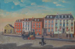 Vibrant street scene featuring colorful buildings and a horse-drawn carriage. jigsaw puzzle