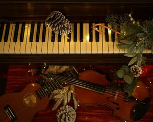 a violin and a pine cone sit on a piano jigsaw puzzle