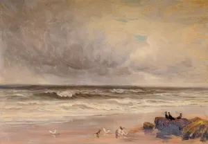 a painting of birds on a rocky beach jigsaw puzzle