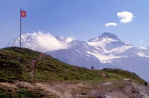 Scenic view of the Swiss Alps and flag at Simplon Pass, Switzerland. jigsaw puzzle