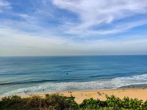 Beautiful sandy beach and turquoise waters in Varkala, Kerala, India, under a clear blue sky. jigsaw puzzle