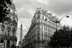 Monochrome view of Parisian street with buildings and Eiffel Tower in the background. jigsaw puzzle