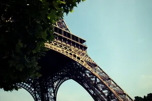 A low angle shot of the iconic Eiffel Tower in Paris with vivid blue sky and leafy trees. jigsaw puzzle