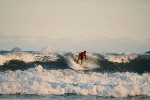 Surfer skillfully riding vibrant ocean waves in a thrilling adventure during the day. jigsaw puzzle