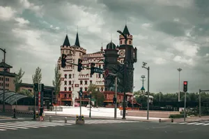 Dramatic urban scene featuring Gothic architecture under a moody sky. jigsaw puzzle