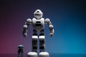 Close-up shot of two white robots displayed on a colorful gradient background symbolizing innovation in robotics. jigsaw puzzle