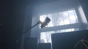 A microphone setup in a recording studio with sunlight streaming through a window. jigsaw puzzle