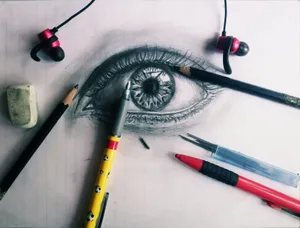 Close-up of a pencil sketch of an eye surrounded by drawing tools and earbuds on paper. jigsaw puzzle