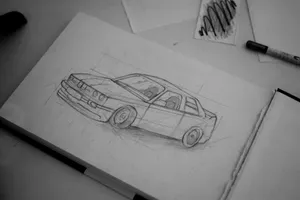 Detailed pencil sketch of a classic car on a sketchpad with art supplies nearby. jigsaw puzzle