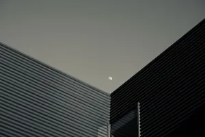 Contemporary building facades with a visible moon in the clear evening sky. jigsaw puzzle