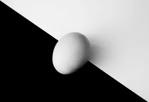 A black and white minimalist photo featuring an egg balanced on a geometric background. jigsaw puzzle