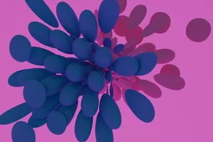 Vibrant 3D abstract design featuring blue shapes on a pink background, ideal for modern aesthetics. jigsaw puzzle