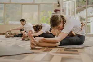 a group of people doing yoga in a room jigsaw puzzle