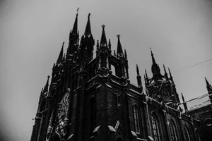 a black and white photo of an old church jigsaw puzzle