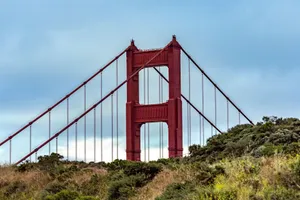 Close-up of the iconic Golden Gate Bridge with lush foreground and cloudy backdrop. jigsaw puzzle