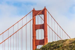 Close-up view of the iconic Golden Gate Bridge under a clear blue sky in San Francisco. jigsaw puzzle