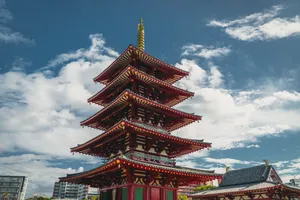 Capture the beauty of the iconic Shitennoji Temple pagoda set against a vibrant blue sky in Osaka, Japan. jigsaw puzzle