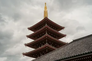 A striking view of Tokyo's Senso-ji Temple pagoda contrasting with dramatic clouds. jigsaw puzzle