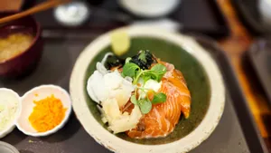 A flavorful bowl of fresh salmon sashimi garnished with greens and pickled vegetables. jigsaw puzzle