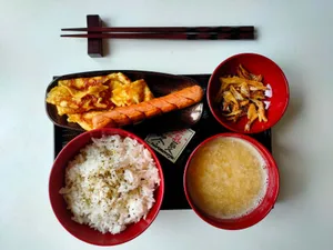 Scrumptious Japanese breakfast set with rice, miso soup, omelette, and anchovies in Bandar Baru Bangi, Malaysia. jigsaw puzzle