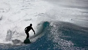 A surfer catches a wave in a stunning silhouette against the ocean. jigsaw puzzle