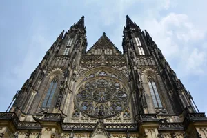 Low angle view of St. Vitus Cathedral's intricate Gothic facade in Prague. jigsaw puzzle