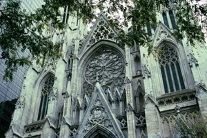 Close-up shot of the intricate facade of St. Patrick's Cathedral in New York City. jigsaw puzzle