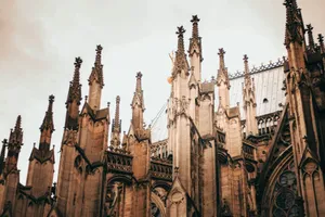 Detailed view of the ornate Gothic spires of a famous Milan cathedral, Italy. jigsaw puzzle