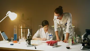 Two scientists working in a laboratory conducting experiments with various equipment and samples. jigsaw puzzle