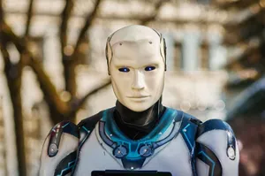 Close-up of a humanoid robot with a futuristic design posing outdoors. jigsaw puzzle